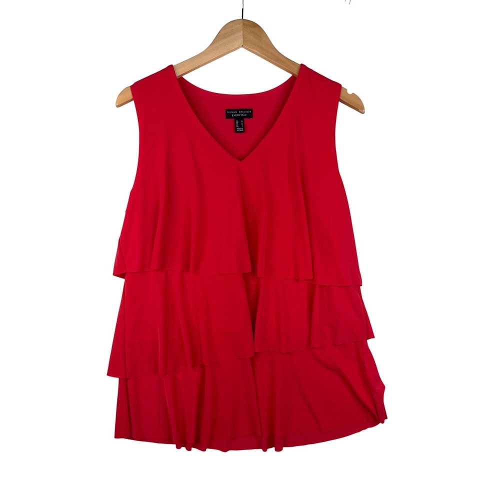 Susan Graver Everyโ Day Vneck Sleeveless Tiered Blouse size Medium Red